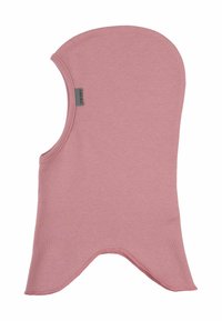 Balaclava in cotone rosa chiaro con cima arrotondata, viso aperto e texture morbida. Presenta bordi leggermente curvi per comfort e vestibilità.