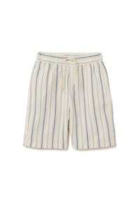 Shorts rayés en crème avec des lignes bleues, en tissu doux, dotés d'une taille élastique avec un cordon de serrage et de poches latérales.