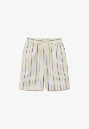 Gestreepte shorts in crème met blauwe lijnen, gemaakt van zacht materiaal, met een elastische tailleband met een trekkoord en zijzakken.