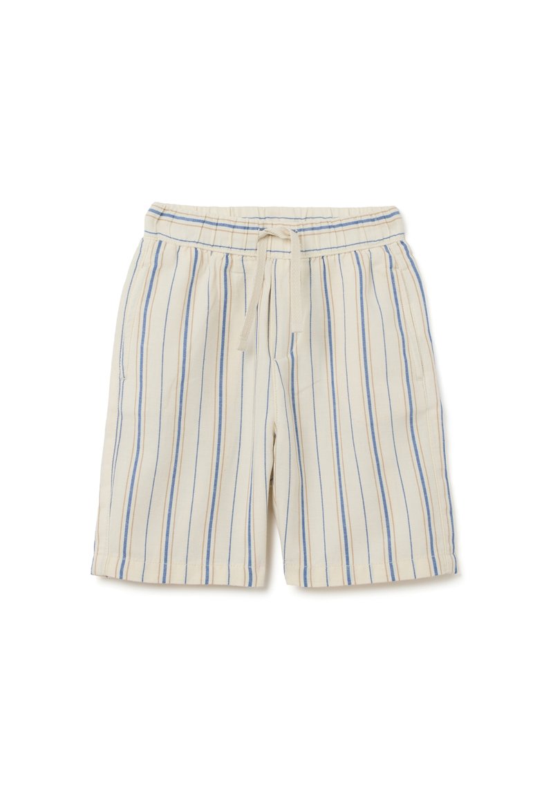 Shorts rayés en crème avec des lignes bleues, en tissu doux, dotés d'une taille élastique avec un cordon de serrage et de poches latérales.