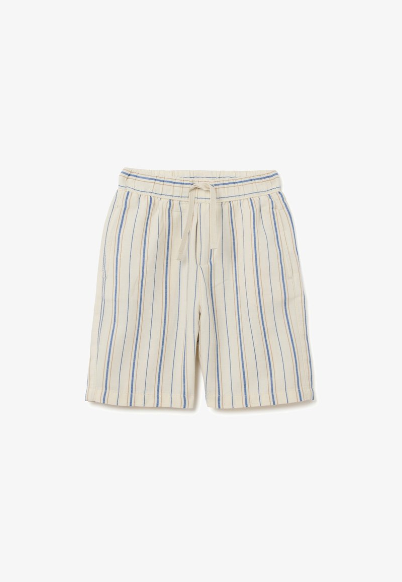 Shorts rayés en crème avec des lignes bleues, en tissu doux, dotés d'une taille élastique avec un cordon de serrage et de poches latérales.