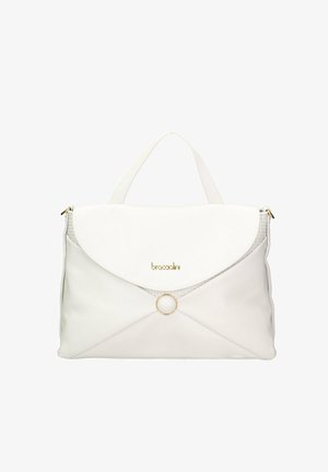 Witte faux leren handtas met een ronde flap, gouden hardware, textuuraccenten en een ronde sluiting voor een veilige afsluiting.