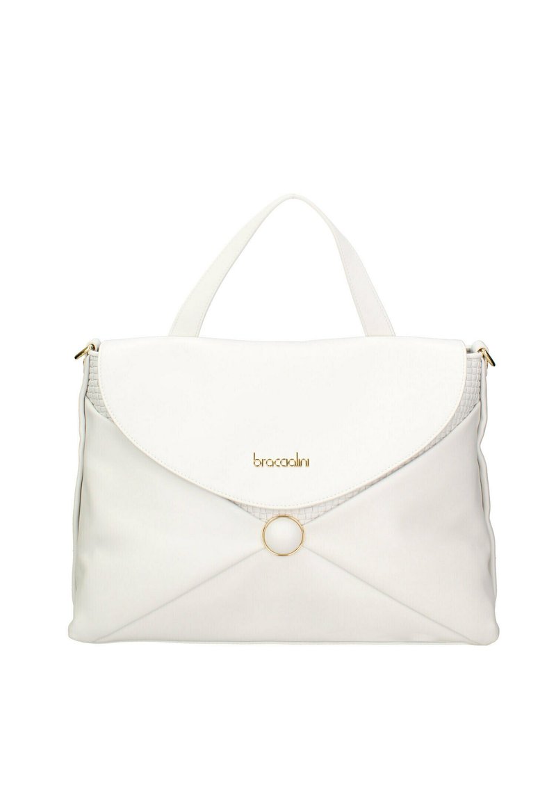 Sac à main en simili cuir blanc avec un rabat arrondi, des détails en matériel doré, des accents texturés et un fermoir circulaire pour une fermeture sécurisée.