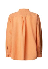 Langarmhemd in hellorange, aus einem weichen Stoff gefertigt. Verfügt über einen klassischen Kragen und geknöpfte Manschetten, mit lockerer Passform und Rückenfalten.