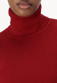 Maglione a collo alto rosso a costine con un design aderente e tessuto testurizzato. Il colletto è alto, arrivando fino al mento.