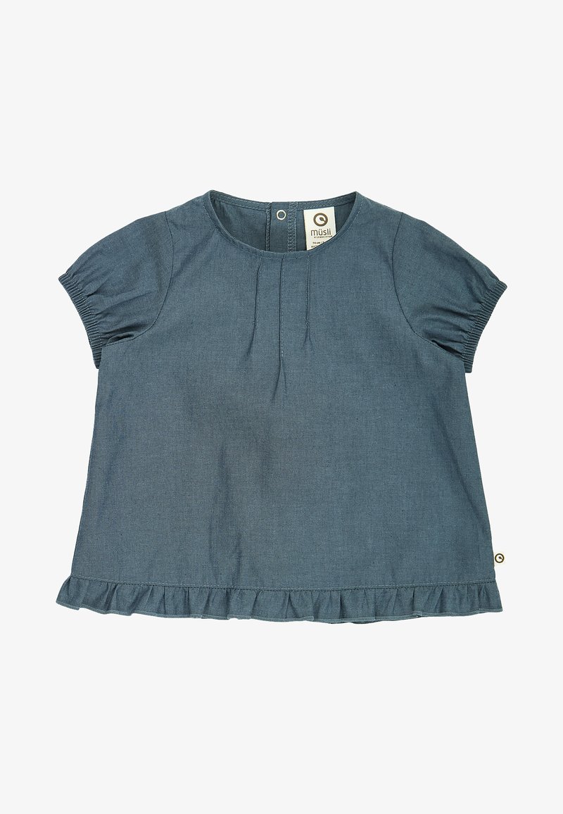 Blouse bleu-gris à manches courtes pour tout-petit, avec manches bouffantes, ourlet à volants et fermeture à pression dans le dos, réalisée en tissu léger.