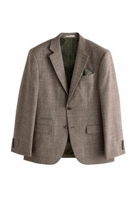 Brauner karierten Blazer aus strukturiertem Stoff, mit grün gemustertem Futter und einem Einstecktuch. Zwei Vordertaschen und Knopfverschluss.