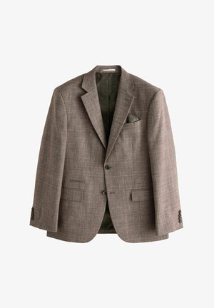 Ruskea ruudullinen bleiseri, valmistettu teksturoidusta kankaasta, jossa vihreä kuvioitu vuori ja taskuliina. Kaksi etutaskua ja napitus edessä.