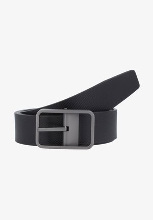Black textured belt made of synthetic material, featuring a rectangular silver metal buckle and a smooth finish.