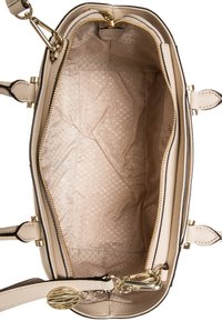 Beige handbag with gold-toned hardware, zip closure, and a patterned fabric interior. Features interior zipper pocket and dual handles.