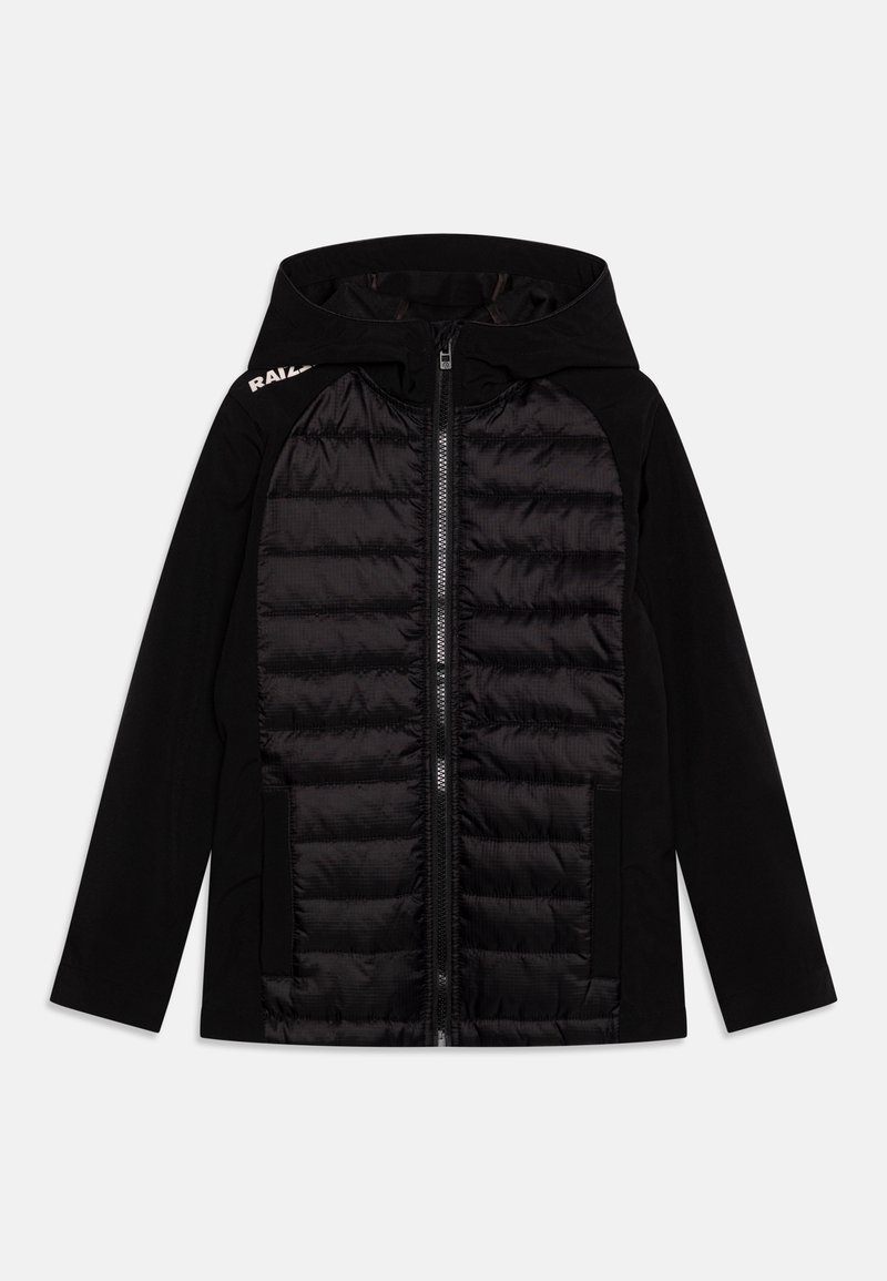 Veste noire à capuche avec panneau avant matelassé, fermeture intégrale à glissière et manches longues, avec un petit logo sur l'épaule gauche.