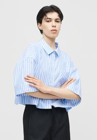 Άτομο με κοντά σκουρόχρωμα μαλλιά, που φοράει φαρδιά μπλε και λευκή ριγέ πουκάμισο με κουμπιά και μαύρο παντελόνι, με σταυρωμένα τα χέρια και ουδέτερη έκφραση.