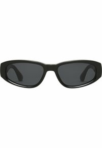 Occhiali da sole rettangolari neri con lenti scure, montatura spessa in plastica e superficie liscia. Presentano sottili accenti metallici al ponte.