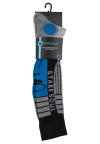 Calze da sci e snowboard in nero, grigio e blu. Presentano un motivo a pois e un design a strisce con il marchio "STARK SOUL" sul lato.