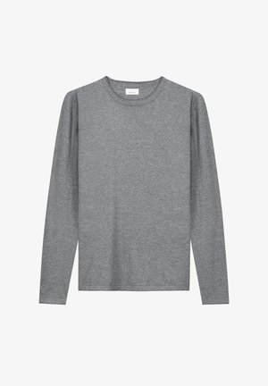 Hosszú ujjú szürke póló, pamut keverék anyagból készült, kerek nyakkivágással és diszkrét logóval hímezve a mellrészen.