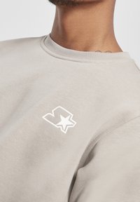 Light grey sweatshirt featuring a round neckline, ribbed cuffs, and a white logo design with a star on the left chest area.