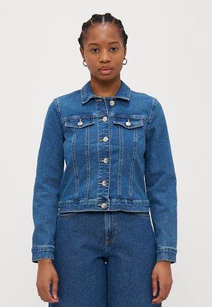 Blue denim jacket with long sleeves, button closure, two chest pockets, and a cropped design. Features silver buttons and stitched accents.