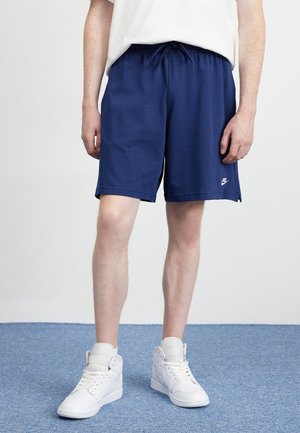 Personne portant un short Nike bleu marine avec cordon de serrage et des baskets montantes blanches, debout sur un sol recouvert de moquette bleue.