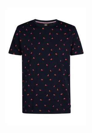 Granatowa koszulka z krótkim rękawem wykonana z bawełny, z rozproszonym wzorem czerwonych królików. Okrągły dekolt z teksturowanym wykończeniem.