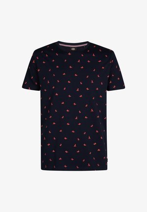 Granatowa koszulka z krótkim rękawem wykonana z bawełny, z rozproszonym wzorem czerwonych królików. Okrągły dekolt z teksturowanym wykończeniem.