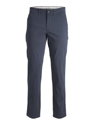 Pantalon en coton bleu marine avec une coupe droite, poche avant, fermeture éclair et bouton unique. Texture douce, design minimaliste.