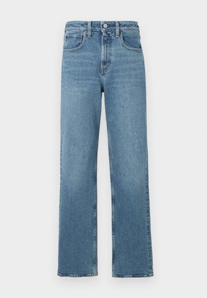Jeans en denim droits taille haute bleus avec bouton à l'avant et poches sur fond blanc.