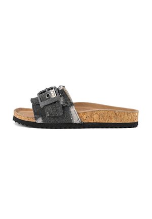 Black and gray fabric slide sandal with a cork footbed, featuring a textured strap, metallic buckle, and a rugged black rubber sole.