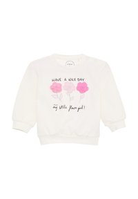 Witte sweatshirt van zacht katoen, met drie kleurrijke bloemenapplicaties en de tekst "HAVE A NICE DAY mijn kleine bloemenmeisje!"