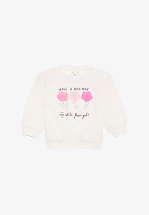 Witte sweatshirt van zacht katoen, met drie kleurrijke bloemenapplicaties en de tekst "HAVE A NICE DAY mijn kleine bloemenmeisje!"
