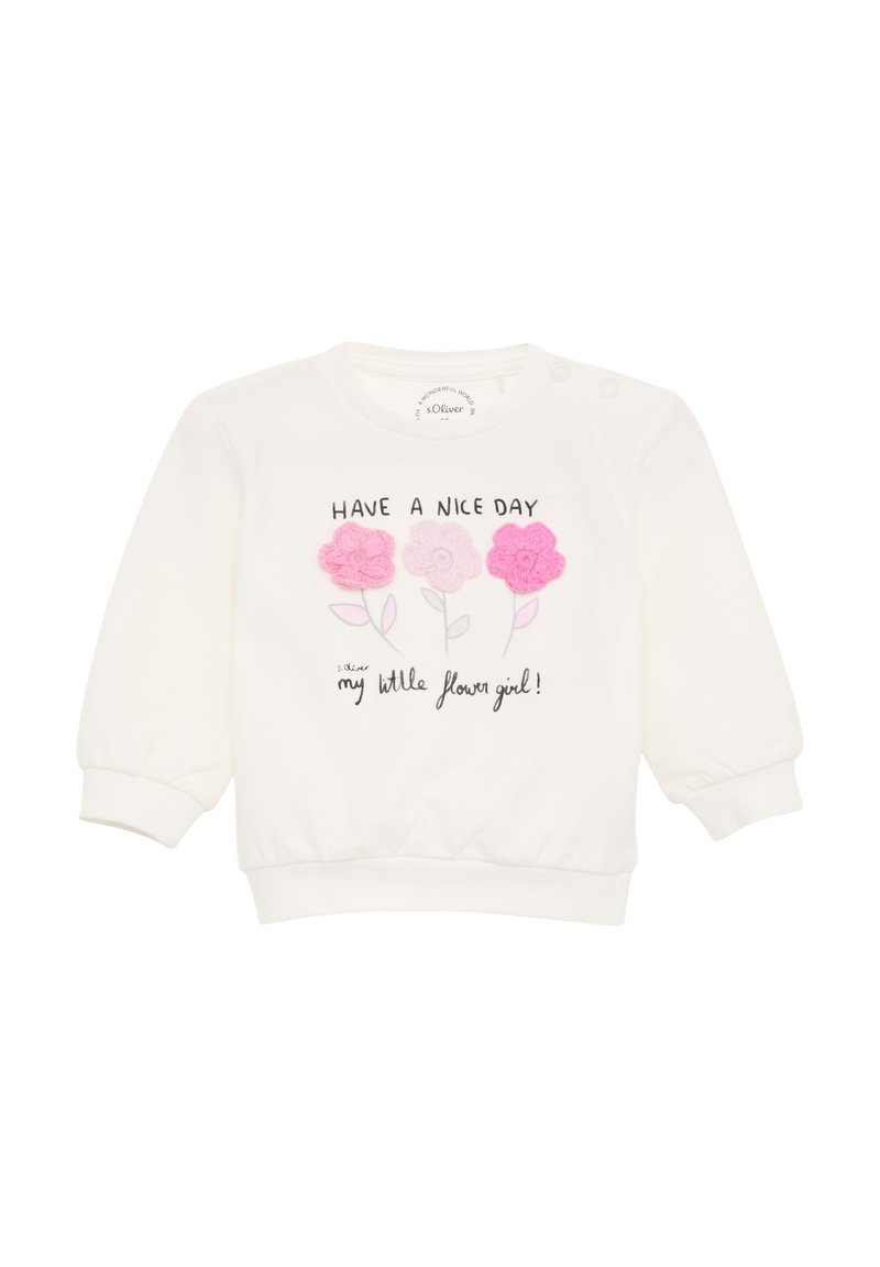 Witte sweatshirt van zacht katoen, met drie kleurrijke bloemenapplicaties en de tekst "HAVE A NICE DAY mijn kleine bloemenmeisje!"