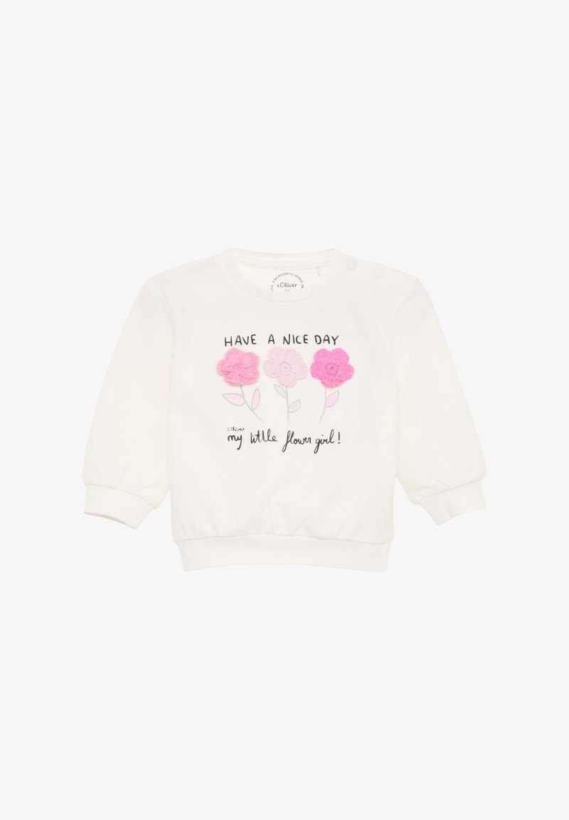 Witte sweatshirt van zacht katoen, met drie kleurrijke bloemenapplicaties en de tekst "HAVE A NICE DAY mijn kleine bloemenmeisje!"