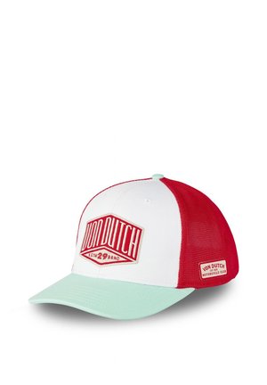 Casquette de baseball avec dos en mesh rouge, panneau avant blanc, visière vert menthe et écussons rouges « Von Dutch » à l'avant et sur le côté.