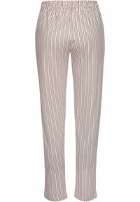 Lightweight, pink striped pants with an elastic waistband, featuring narrow vertical lines in dark red. Straight-leg design, soft fabric texture.