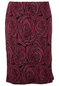 Jupe crayon en maille noire avec motif de roses rouges et grises. Coupe ajustée, longueur au genou, texture lisse, ceinture élastique.