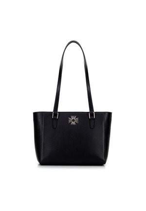 Borsa tote in pelle nera con superficie texturizzata, doppio manico superiore e emblema metallico sul davanti. Le dimensioni sono ampie per un uso quotidiano.