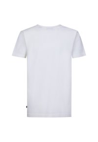 Hvid, kortærmet t-shirt lavet af bomuld. Har en rund halsudskæring og en lige kant, med et lille mærke i siden.