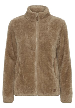 Chlupatá fleecová bunda na zip v béžové barvě s vysokým límcem, bočními kapsami a strukturovaným povrchem. Disponuje decentním logem na lemu.