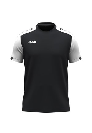 Zwart-witte sportshirt met een ronde hals, korte mouwen en contrasterende schouderaccenten. Bevat het "JAKO" logo op de voorkant.