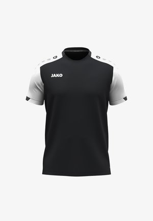 Schwarz-weißes Sportshirt mit rundem Ausschnitt, kurzen Ärmeln und kontrastierenden Schulterakzenten. Mit "JAKO"-Logo auf der Vorderseite.