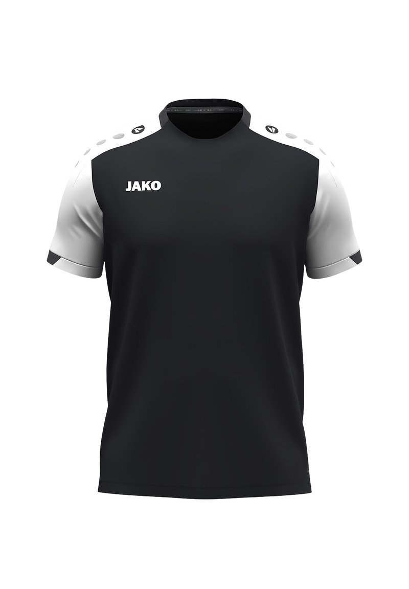T-shirt de sport noir et blanc avec un col rond, des manches courtes et des accents contrastants aux épaules. Présente le logo "JAKO" sur le devant.
