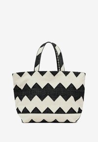 Large tote bag made of woven fabric featuring a black and white zigzag pattern, with two sturdy handles and a flat base.