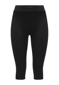 Fekete capri leggings rugalmas anyagból, sima derékpánttal és diszkrét bordázott textúrával a kényelem és a rugalmasság érdekében.