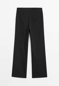 Black wide-leg trousers made of smooth fabric, featuring a high waist and front pleats. Clean lines and no visible hardware or patterns.
