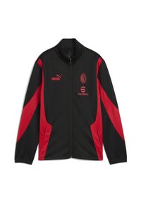 Sort hættetrøje med røde detaljer og sidepaneler. Har Puma-logo og AC Milan-emblem på brystet. Lavet af glat, let materiale.