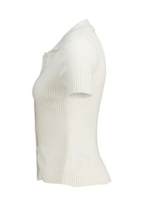 White ribbed short-sleeve top with a fitted silhouette, featuring a button closure and a scalloped collar design. Smooth texture.