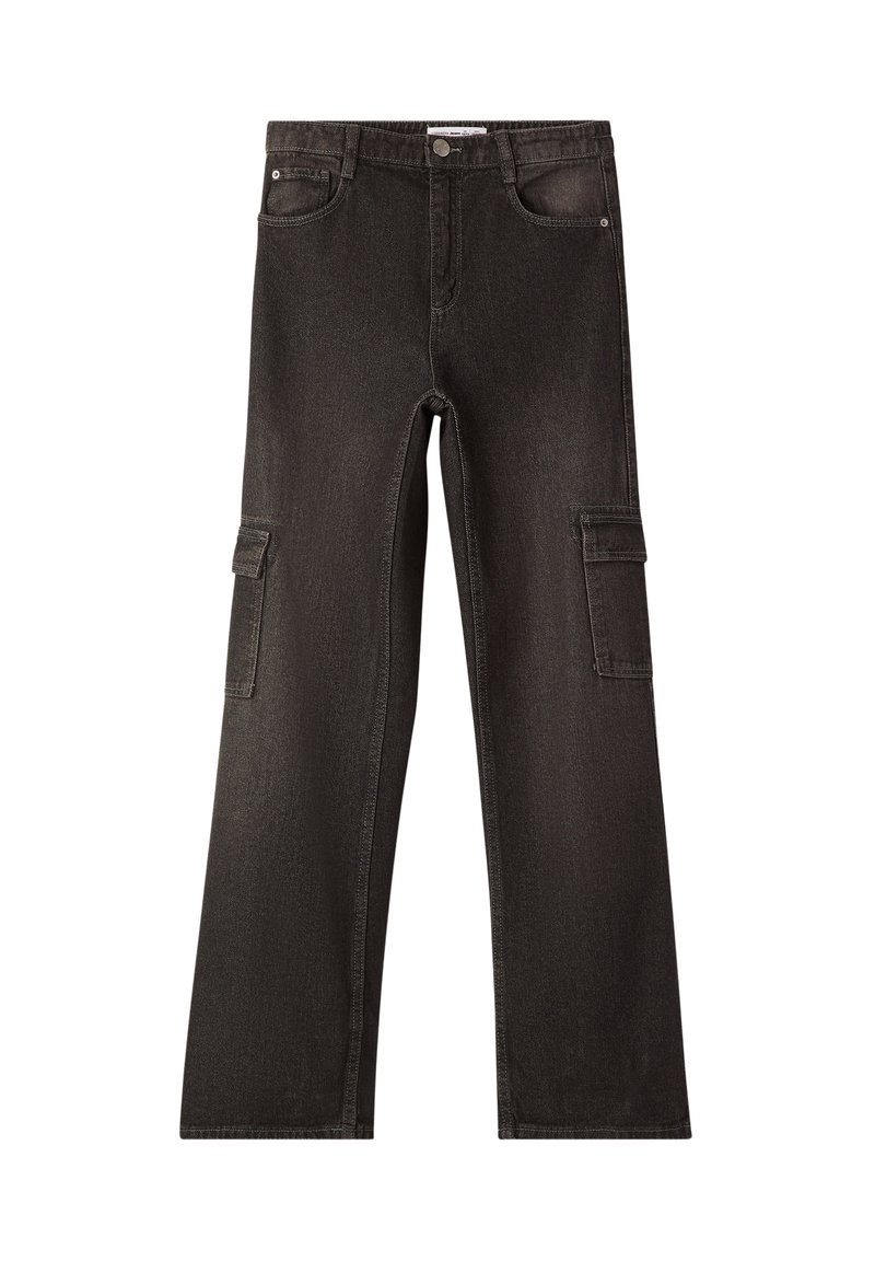Jeans cargo neri con vestibilità rilassata, dotati di due tasche laterali, chiusura con bottone e una classica trama di denim.