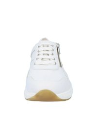 White sneaker with a smooth leather exterior, featuring a front lace-up design, side zipper, and a flexible, light-colored rubber sole.