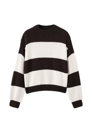 Pull en tricot à rayures noir et blanc avec un col rond, des manches longues et une coupe courte. Tissu texturé avec un ourlet côtelé.