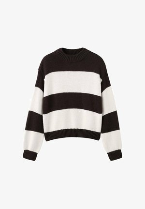 Črno-bele črtaste pletene pulover z okroglim izrezom, dolgimi rokavi in skrajšanim krojem. Teksturna tkanina z rebrastim robom.
