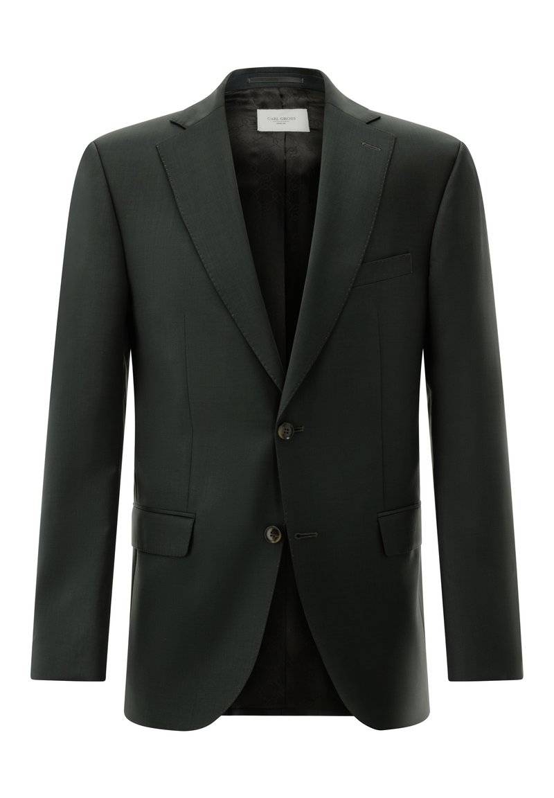 Dark green blazer made of smooth fabric; features notched lapels, two buttons, and two front pockets. Interior is black with subtle pattern.